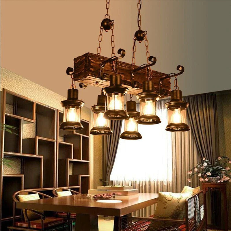 lampadario vintage LED in legno massiccio per loft decorativo