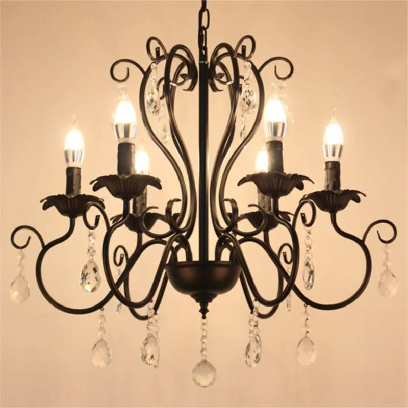 lampadario industriale retrò in ferro battuto con cristalli per decorazione d'interni