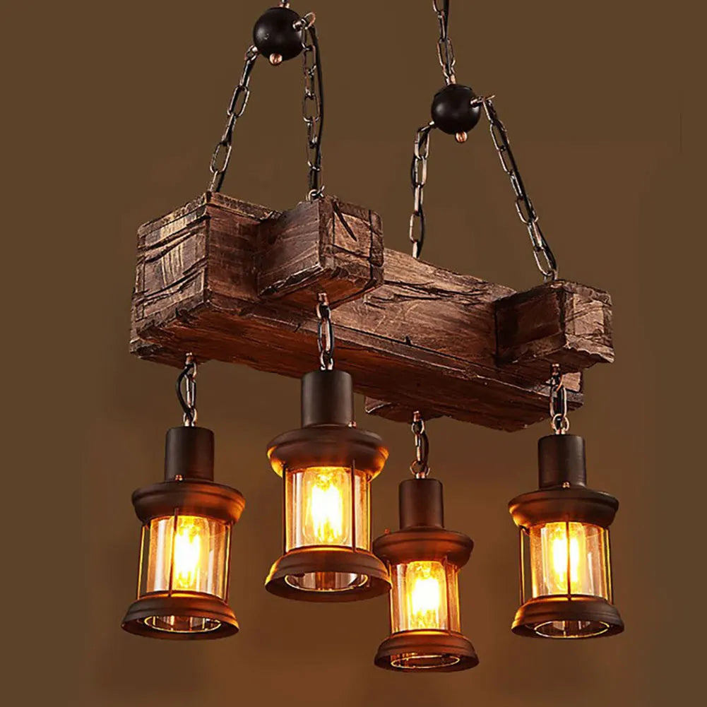 lampadario vintage oukaning 4 luci in legno sospeso industriale