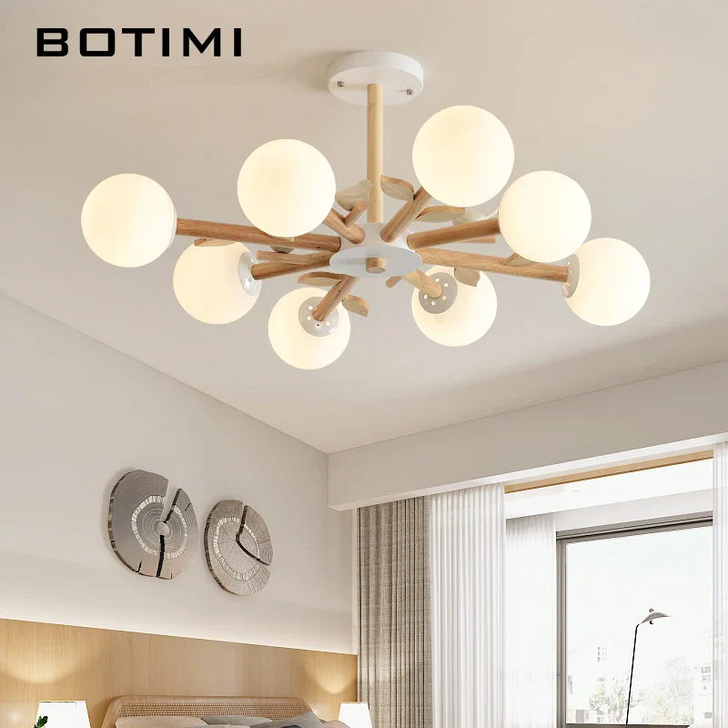 lampadario Botimi in legno naturale con paralume rotondo in vetro