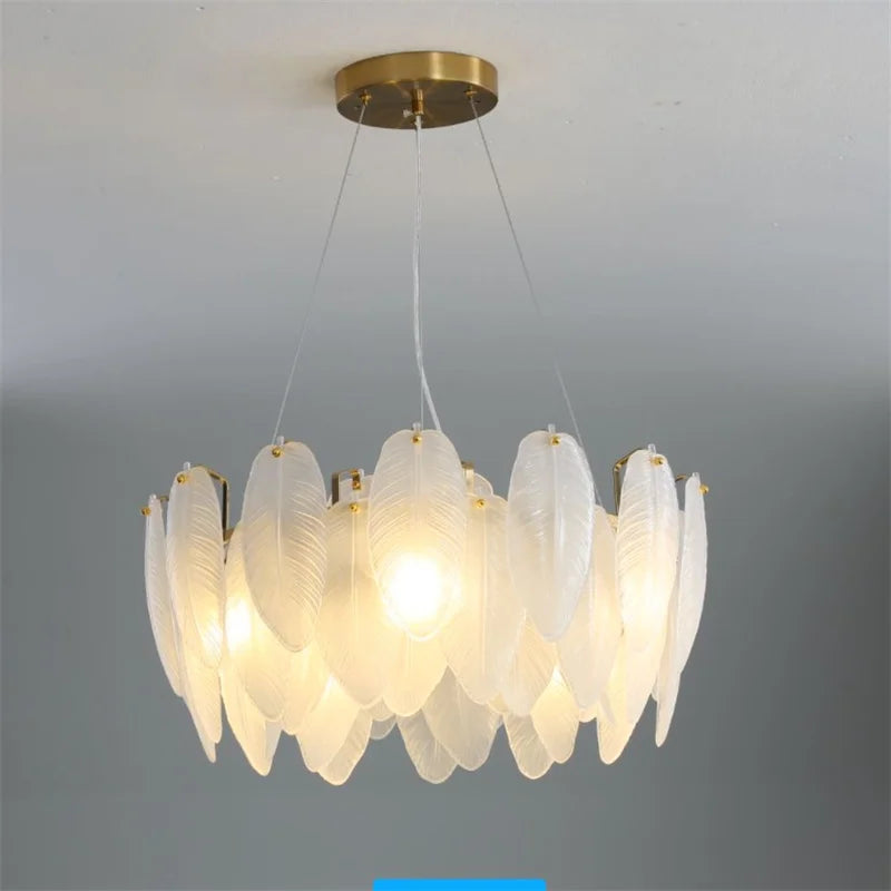lampadario moderno in vetro a forma di piuma d'oca illuminazione sospesa