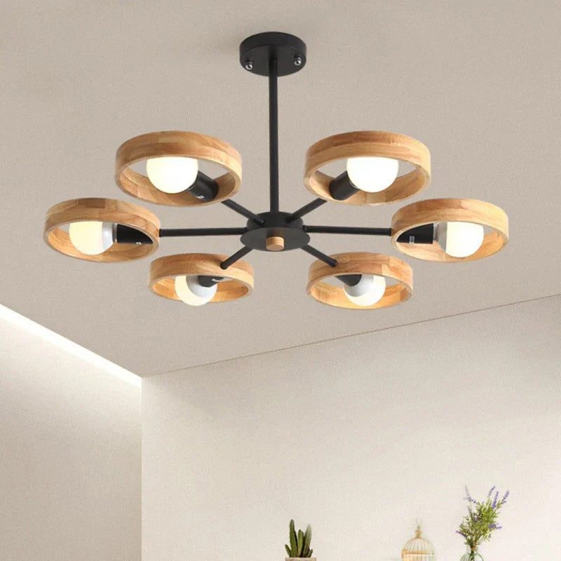 lampadario nordico in legno con paralume rotondo sospeso