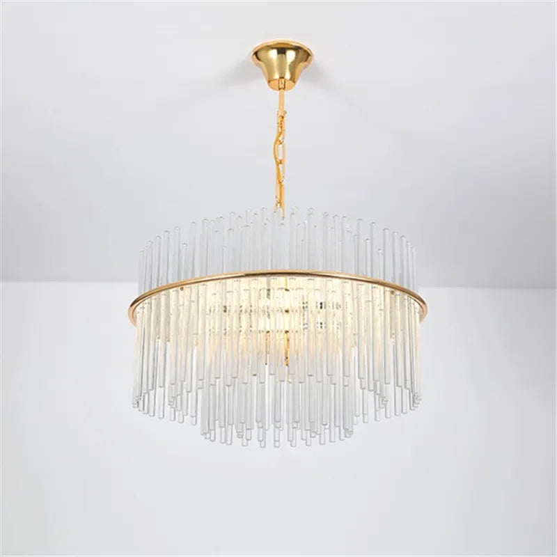 lampadario in cristallo design nordico asta in vetro metallo dorato