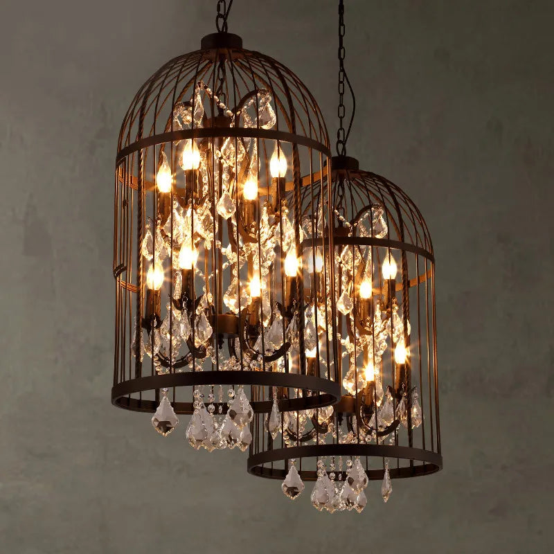 Lampadario vintage americano in ferro con gabbia per uccelli e cristalli