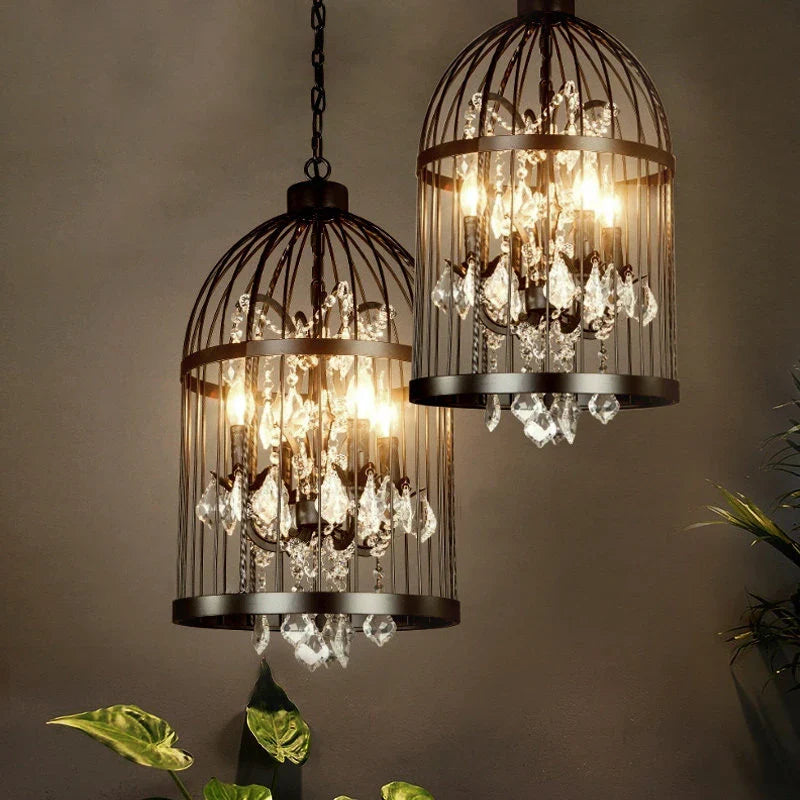 lampadario vintage a gabbia per uccelli in cristallo per bar e ristoranti