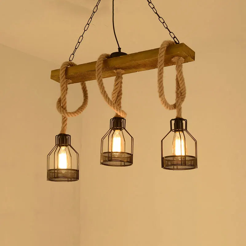 lampadario industriale retrò con 3 teste in legno e corda di canapa