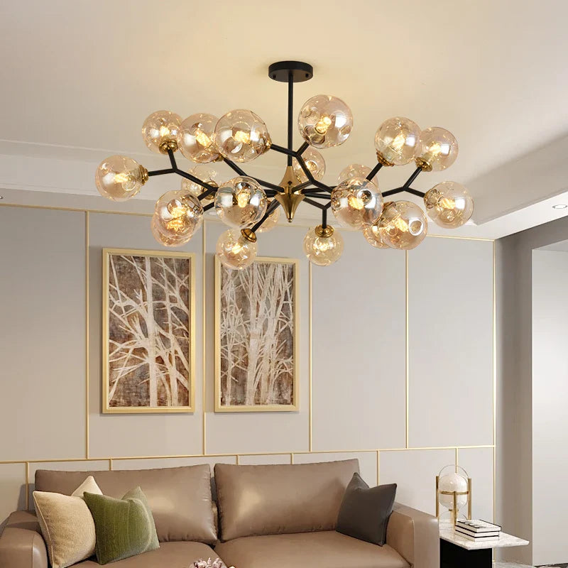 lampadario moderno a rami rotanti in vetro con illuminazione led