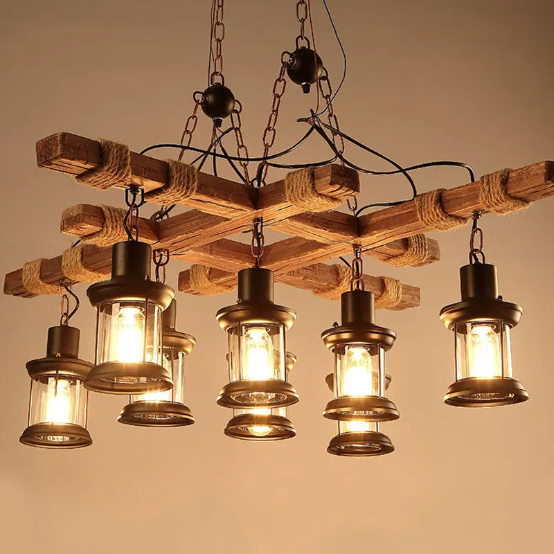 lampadario industriale retrò in legno e ferro con 8 lampade