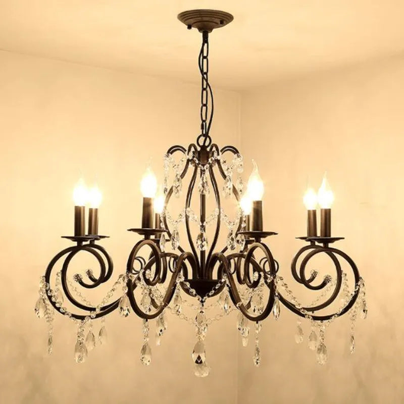 Lampadario cristallino vintage in ferro nero