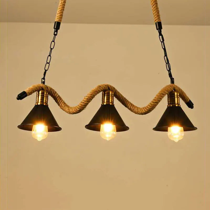 lampadario industriale vintage a tre teste in corda di canapa