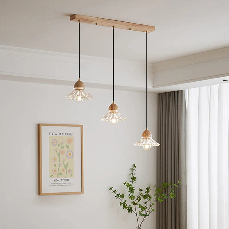 Lampadario Moderno Legno Vetro Giapponese