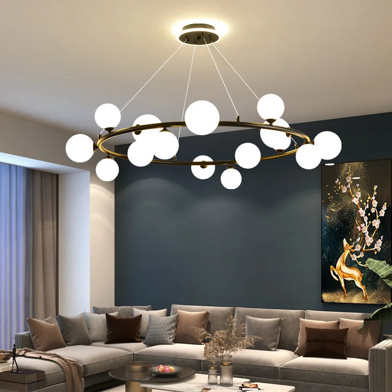 lampadario moderno in vetro opaco con anello nero e cavo regolabile