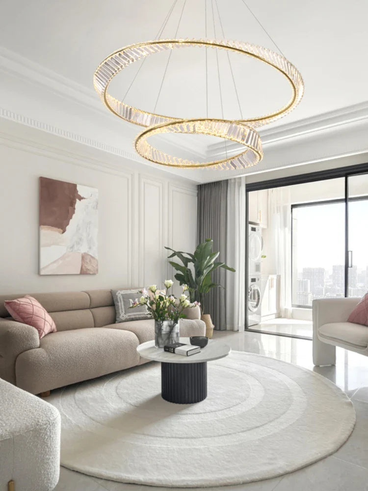 lampadario decorativo circolare in cristallo e acciaio inox