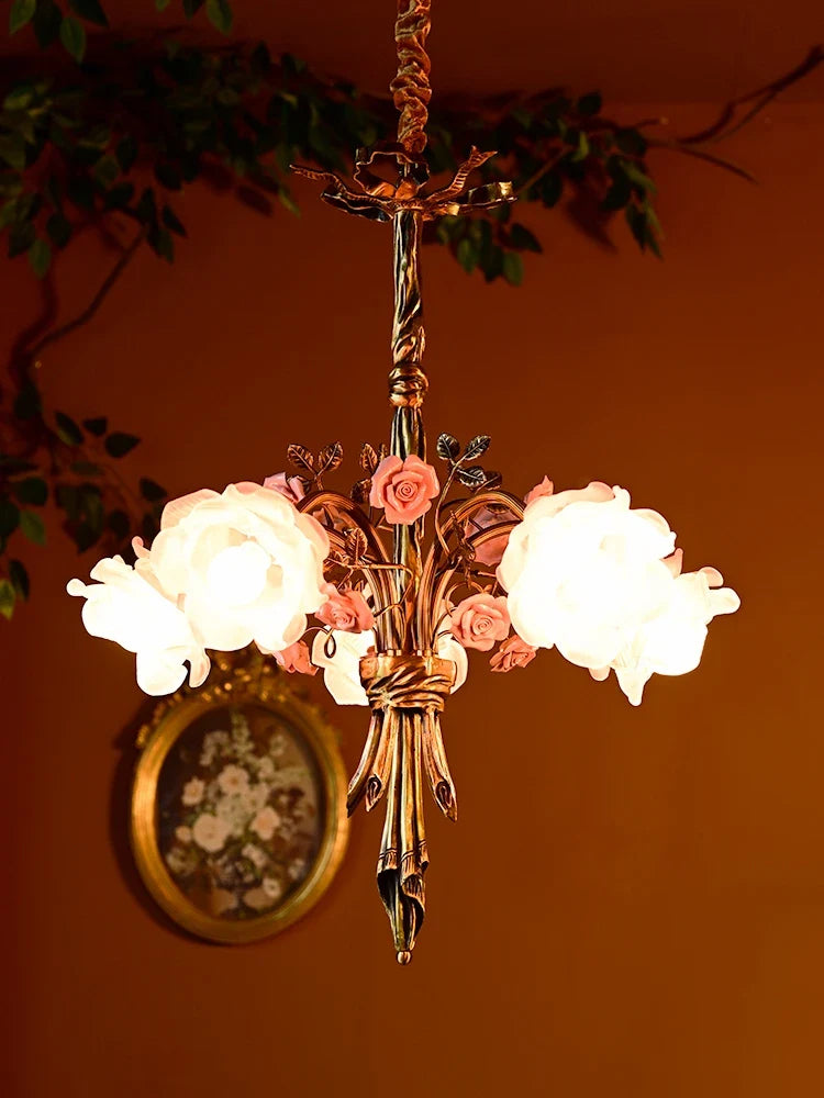 lampadario in rame con vetro rosa stile classico europeo a led