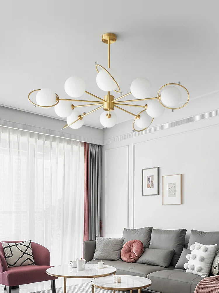 lampadario moderno in rame con decorazione in vetro minimalista