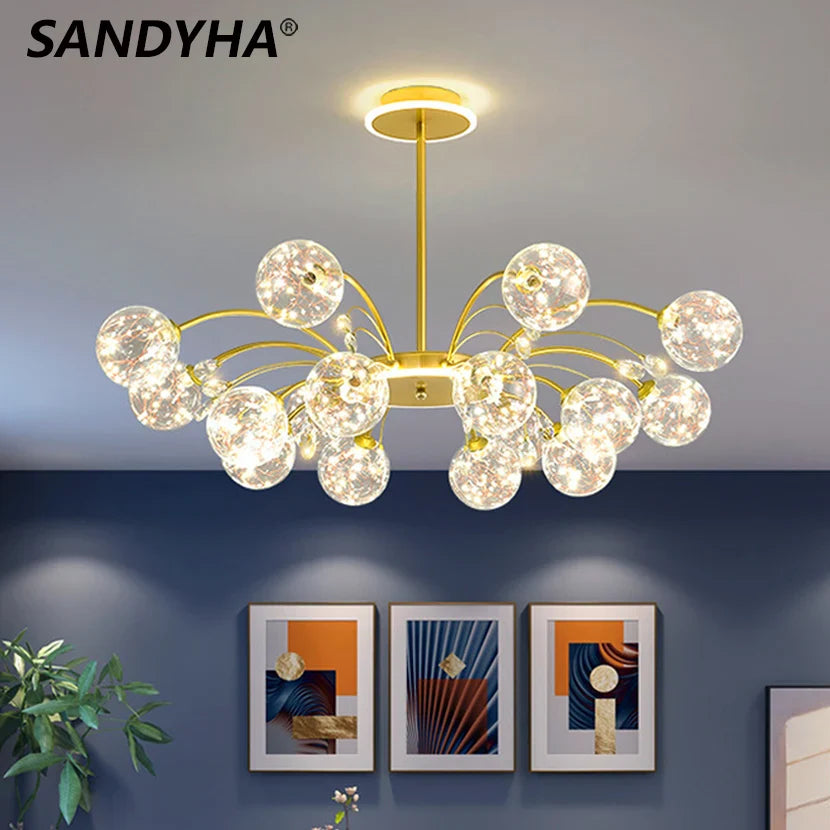 lampadario led di lusso in ferro con sfere di vetro stellate