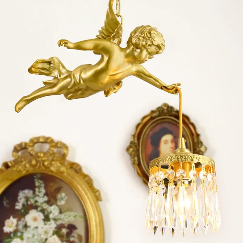 lampadario moderno led con angelo in cristallo medievale bronzo