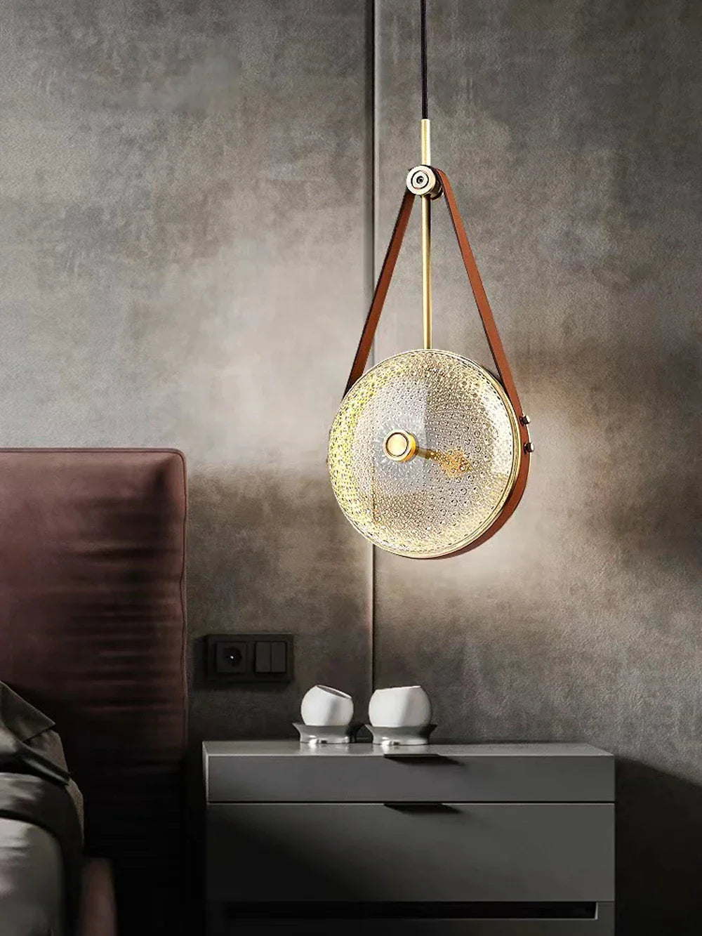 lampadario in vetro LED con cintura in pelle retrò moderna