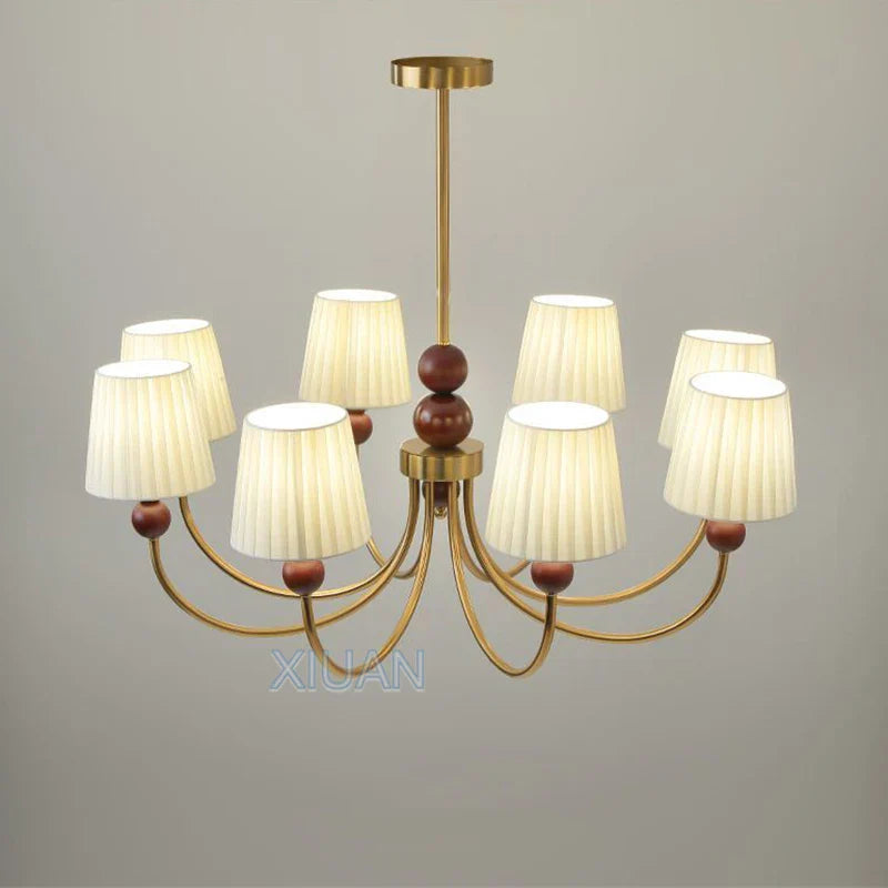 lampadario LED vintage americano in tessuto plissettato e legno wabi-sabi