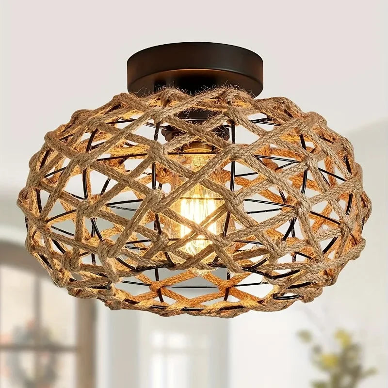 Plafoniera semi-incassata in rattan intrecciato - Design in metallo a intreccio di cesto per cucina, soggiorno, camera, caffè, bar, decorazione rustica