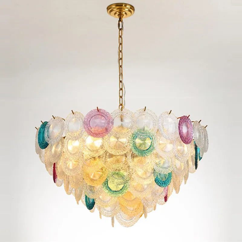 lampadario postmoderno in ferro e vetro colorato a led