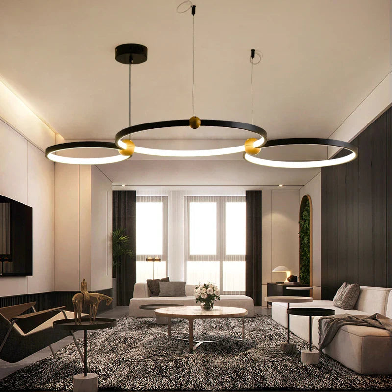 lampadario sandyha multi-anello in ferro nero led design di lusso