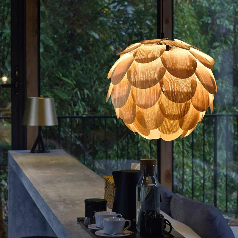 lampadario ananas originale in impiallacciatura di legno per hotel bar e ristoranti