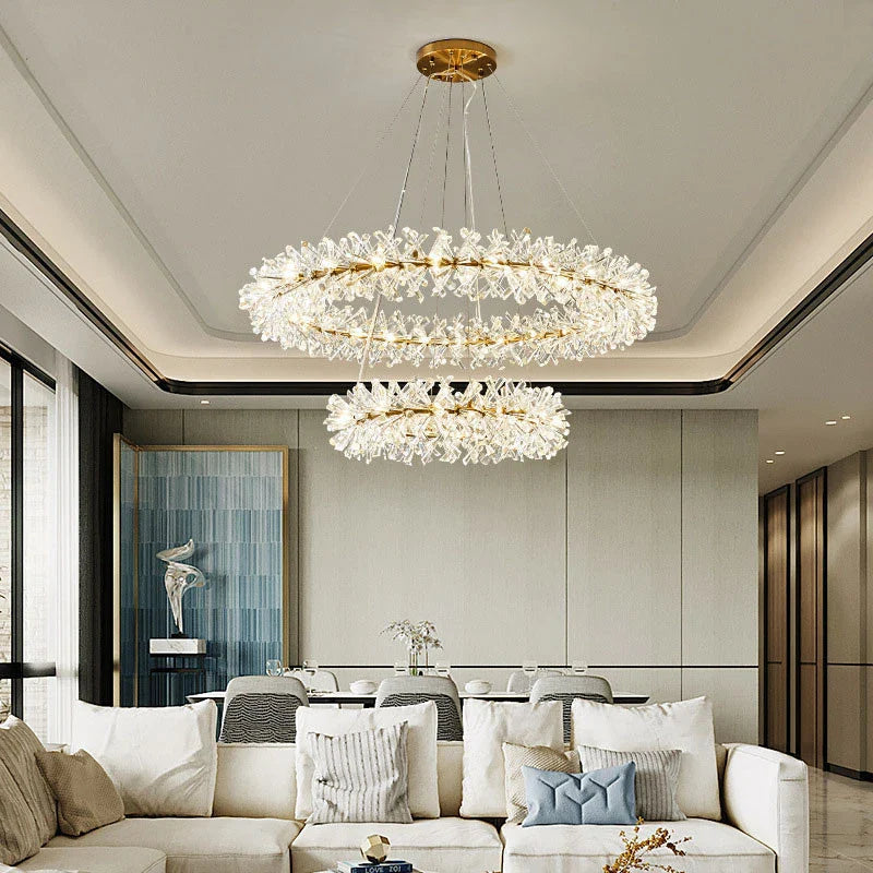 lampadario in cristallo a forma di fiore lampada di lusso con anelli rotondi