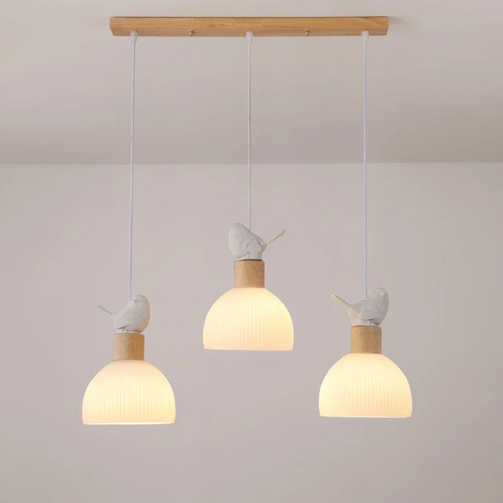 lampadario LED sospeso in legno con paralume in vetro bianco