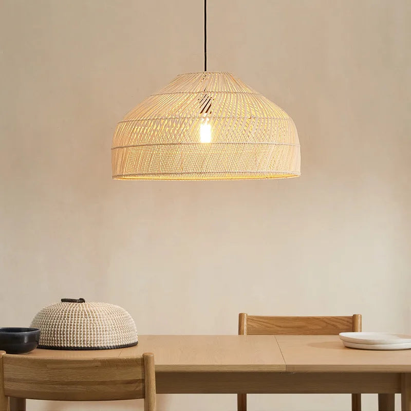 lampadario in rattan stile asiatico vintage con LED sospesa