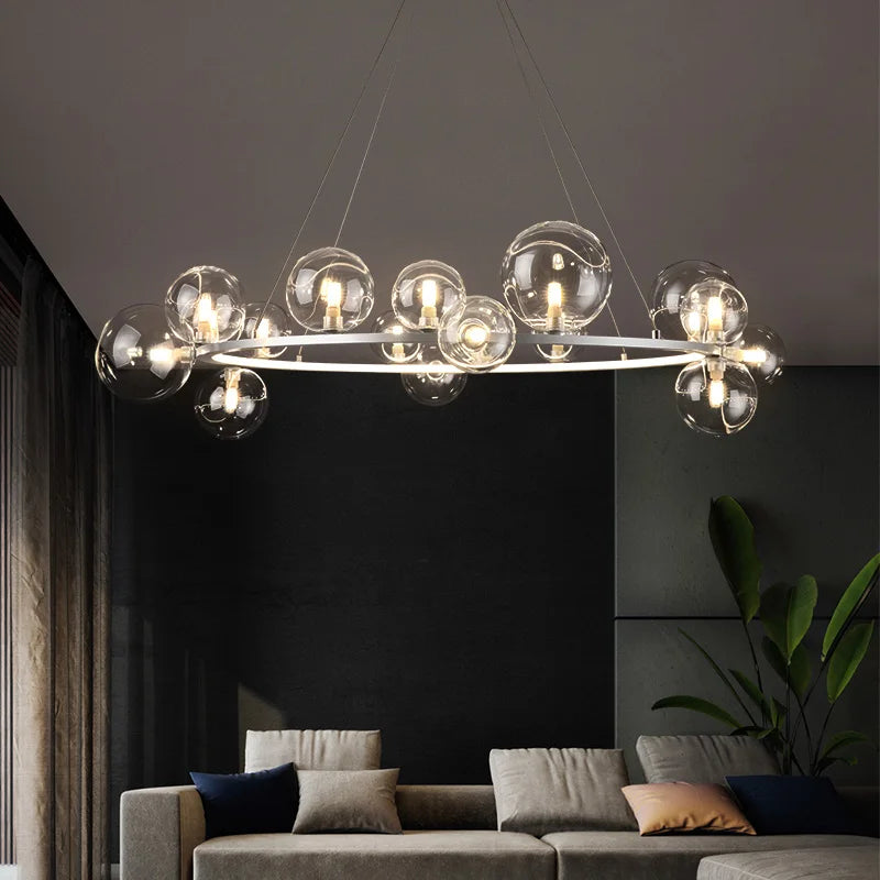 lampadario in metallo con sfera in vetro per decorazione d'interni