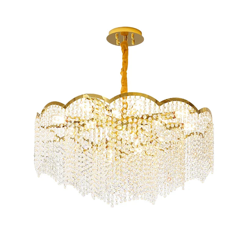 lampadario moderno in cristallo dorato alta sospensione design elegante per interni