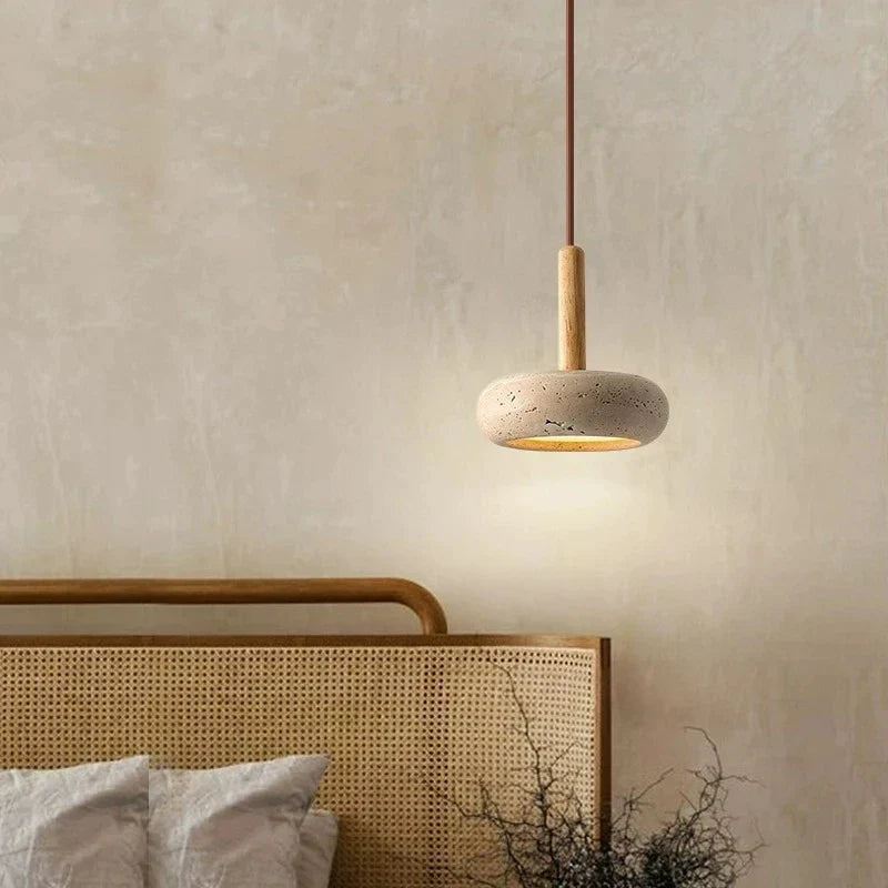 lampadario moderno in legno con sospensione led in pietra
