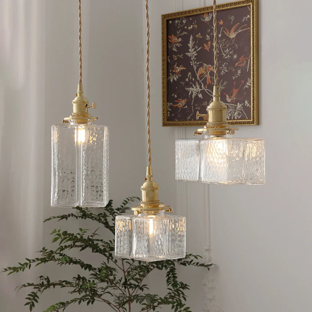 Lampada a sospensione vintage quadrata in vetro con paralume LED lampadario per sala da pranzo camera illuminazione creativa da comodino