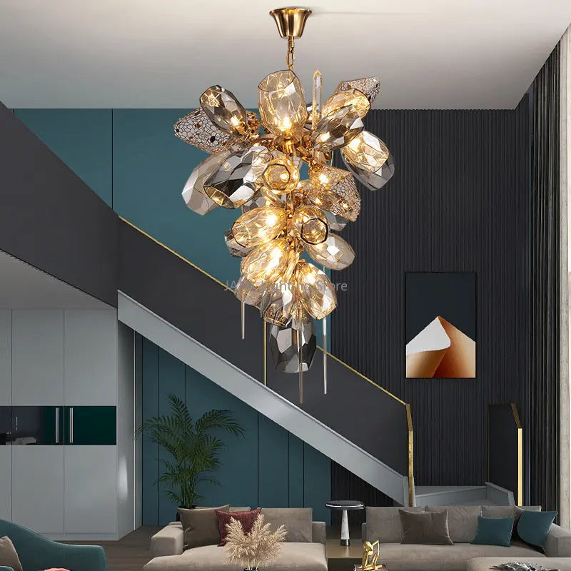 lampadario moderno in acciaio inox e cristallo con LED integrato