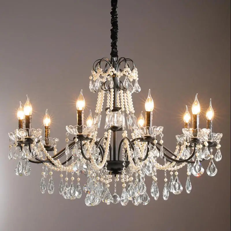 lampadario moderno in cristallo con perle e illuminazione led