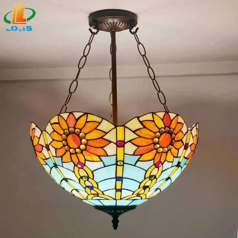 lampadario rovesciato stile tiffany in vetro antico per decorazione interna
