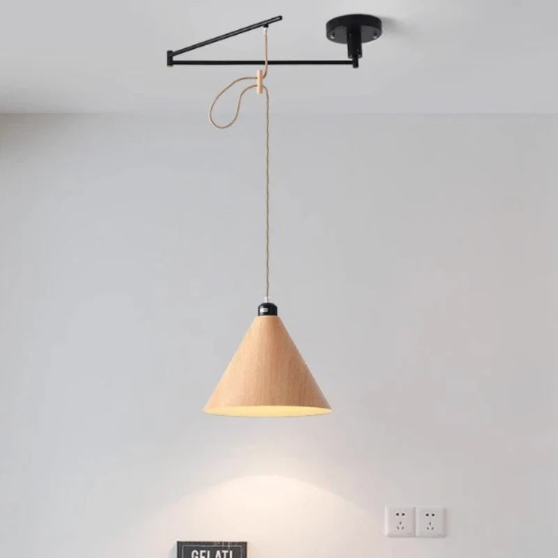 lampadario moderno a led creativo con braccio retrattile in legno artistico