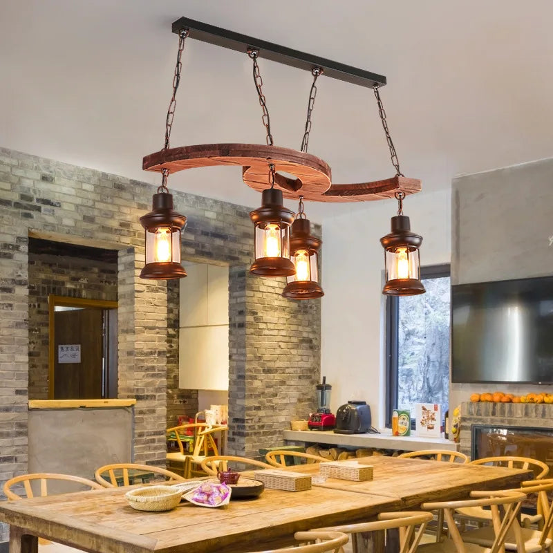 lampadario industriale retrò 4 teste in legno e ferro per caffè bar loft