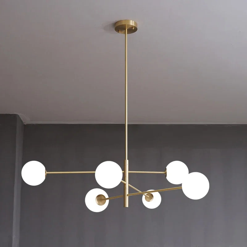 lampadario led moderno in rame con sfera di vetro opaco