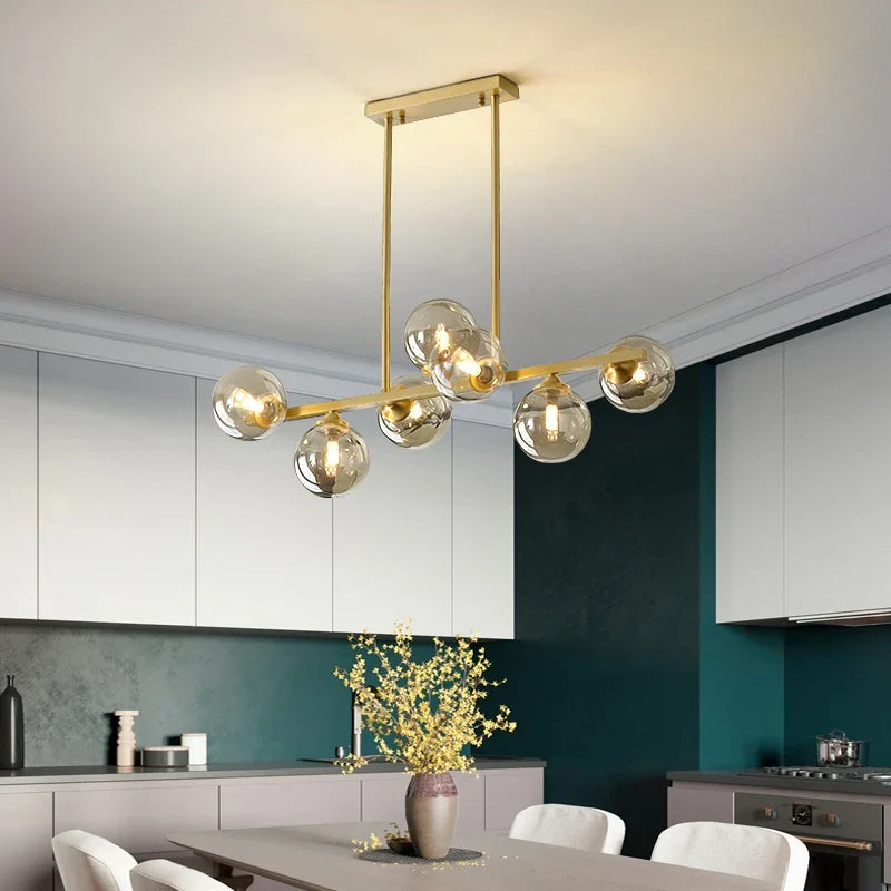 lampadario sospeso in rame con sfera di vetro per decorazione d'interni