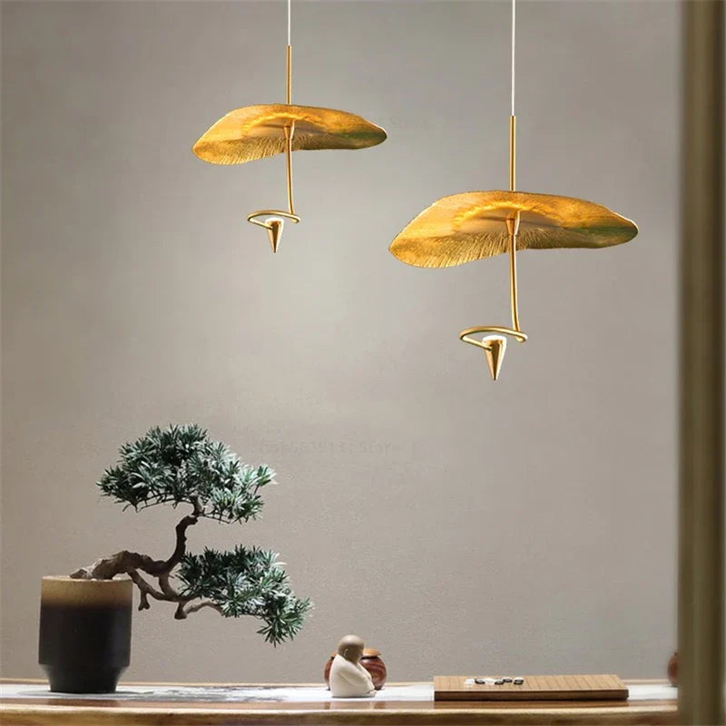 lampadario zen vintage foglia di loto in rame dorato