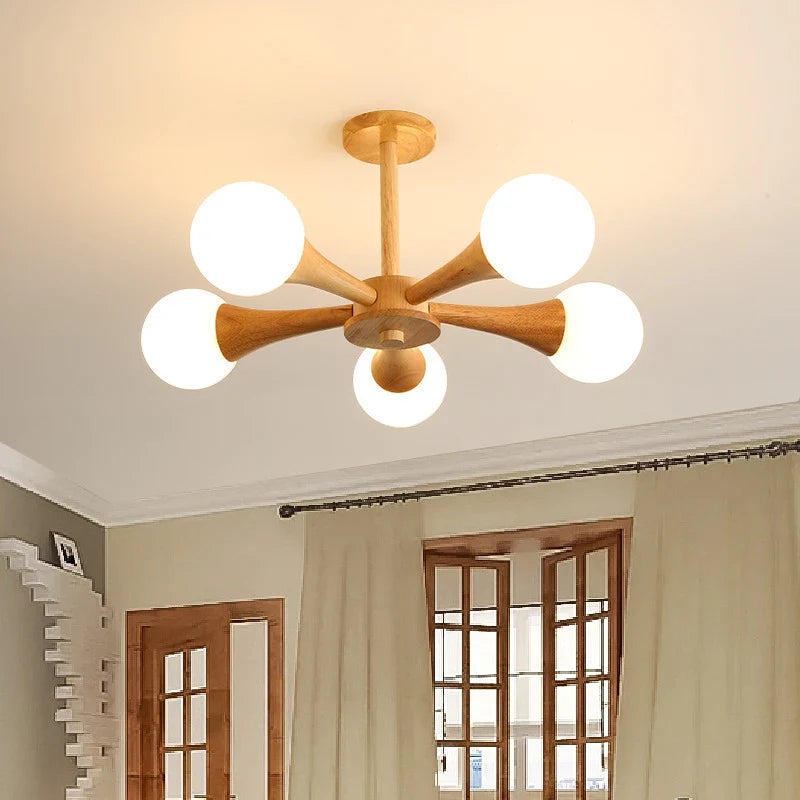Lampadario nordico in legno e vetro moderno
