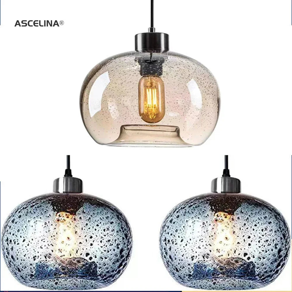 lampadario sospeso in vetro vintage con bolle d'aria