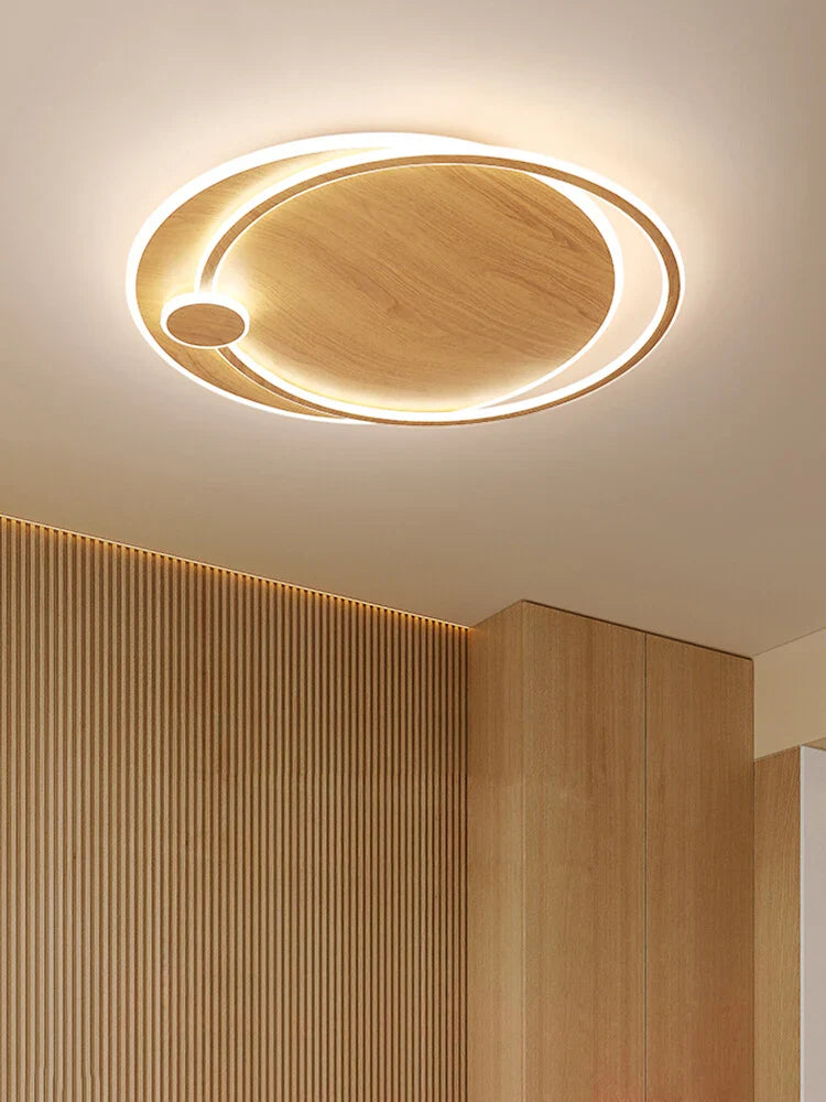 lampadario moderno in legno con illuminazione intelligente circolare