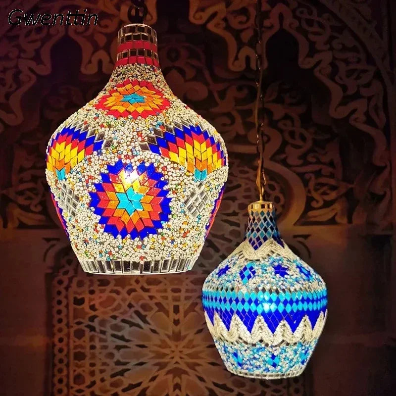 lampadario in vaso d'arte bohémien per decorazione d'interni artigianale