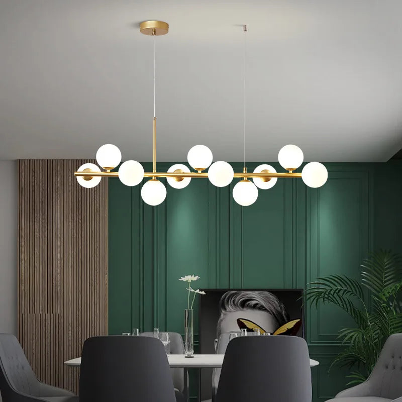 lampadario lungo moderno in sfera di vetro paralume sospeso decorazione led