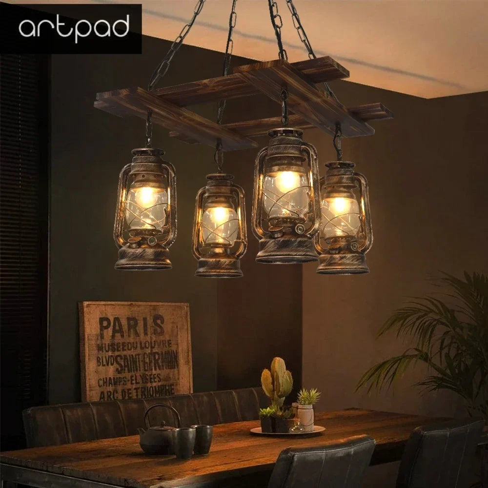 lampadario retrò in legno e vetro per decorazione elegante