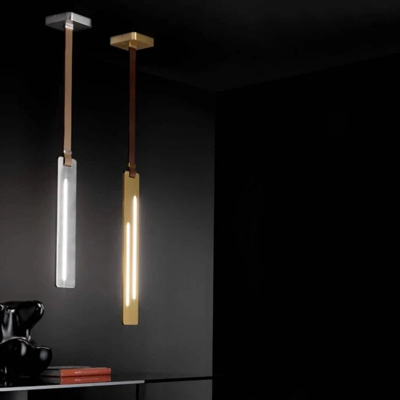 lampadario LED in metallo e pelle per bar e ufficio