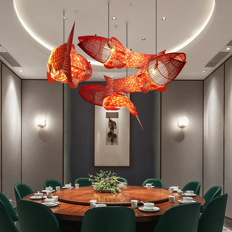 lampadario in bambù stile cinese creativo con grosso pesce
